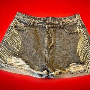 Acid Washed Rhinestone Tassels Boutique Shorts Stretchy